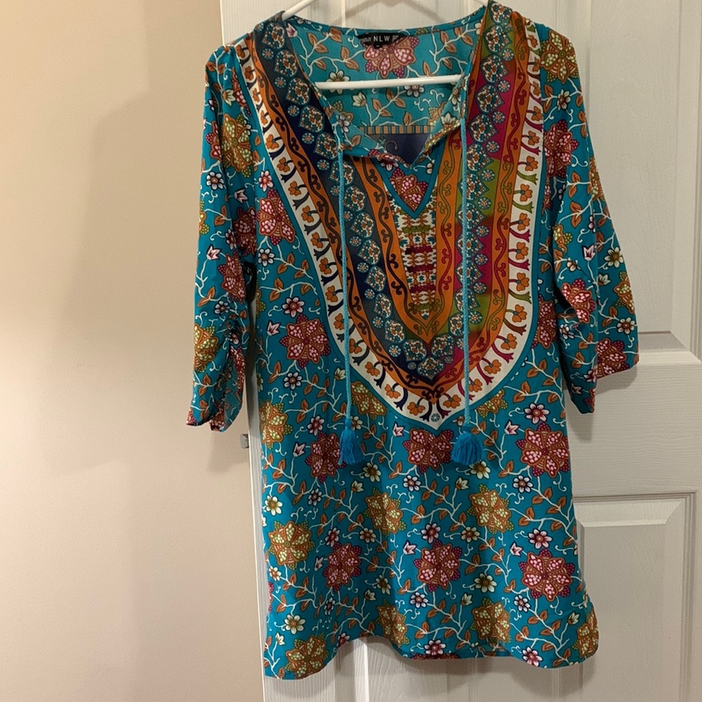 NLW Blue Colorful Floral Print Tassel Tie Tunic Top Blouse Boho Medium